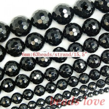 Natural Stone Faceted Black Agata Onyx Round Loose Spacer Beads 4 6 8 10 12 14mm 15Strand For Jewelry Making DIY Bracelet