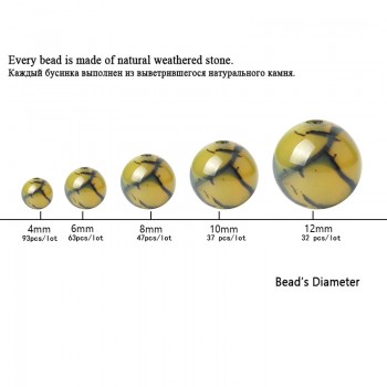 New Natural Gemstone Beads Yellow Agate Loose Round Charms Turquoise Black Vein Bead 8mm Ball Stone For Women DIY Jewelry Making