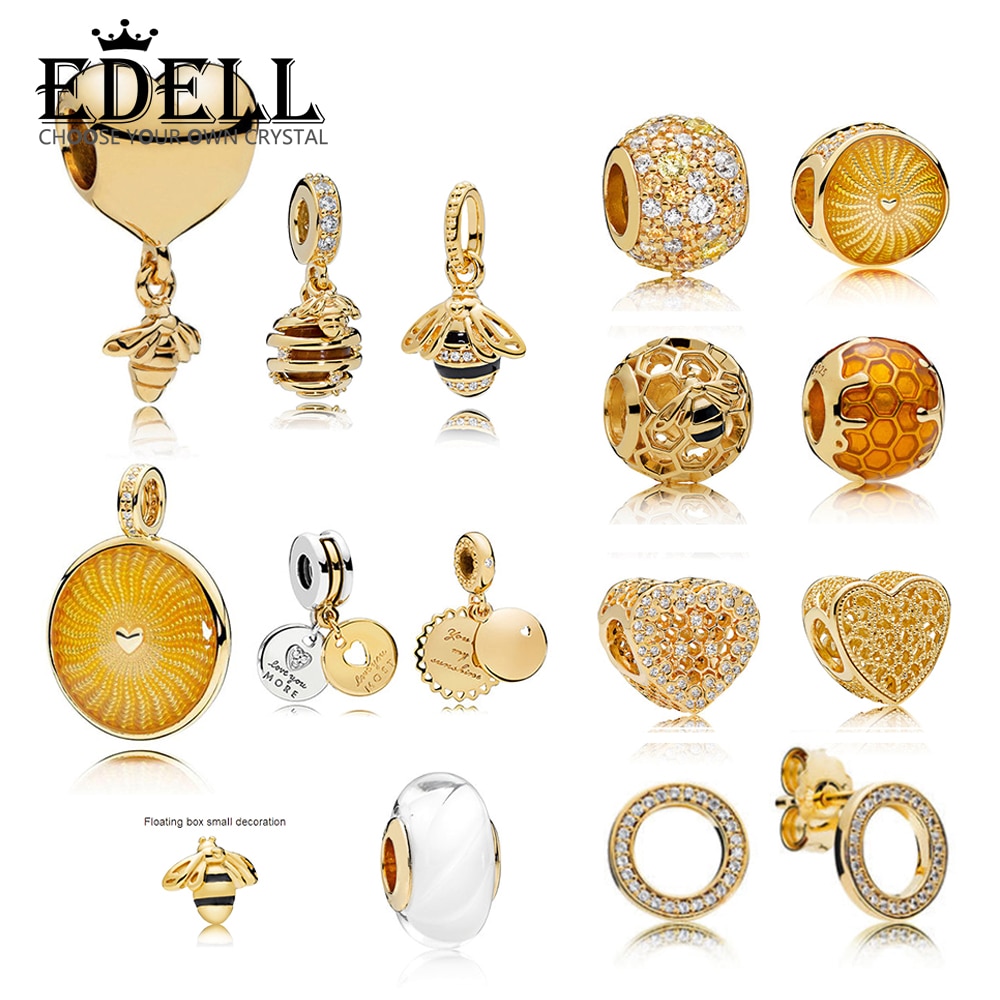 EDELL 100% 925 Sterling Silver 1:1 Charm 18K Gold Bee Honeycomb Honey Temperament Sunshine Beaded Pendant Heart Shaped Women