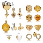 EDELL 100% 925 Sterling Silver 1:1 Charm 18K Gold Bee Honeycomb Honey Temperament Sunshine Beaded Pendant Heart Shaped Women