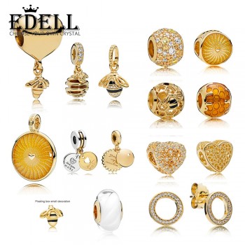 EDELL 100% 925 Sterling Silver 1:1 Charm 18K Gold Bee Honeycomb Honey Temperament Sunshine Beaded Pendant Heart Shaped Women