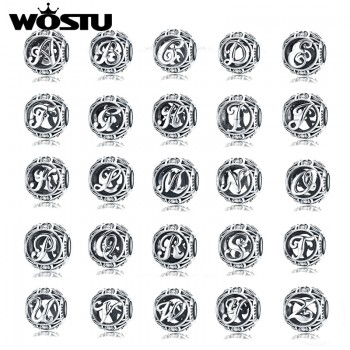 WOSTU Genuine 925 Sterling Silver Fashion Letter A-Z Beads Charm fit Original Bracelet Necklace Woman DIY Jewelry Making CQC738