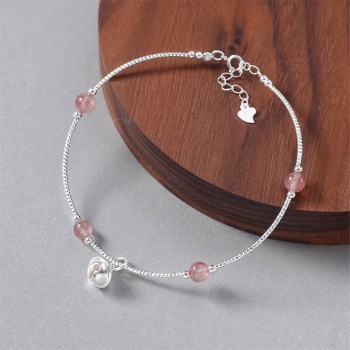 Aiersen 100% 925 Sterling Silver Bell Strawberry Crystal Beaded Charm Ankle for Women Summer Lady Fashion Ankle Girls Cute Gift