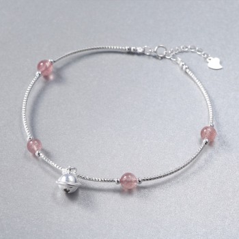 Aiersen 100% 925 Sterling Silver Bell Strawberry Crystal Beaded Charm Ankle for Women Summer Lady Fashion Ankle Girls Cute Gift