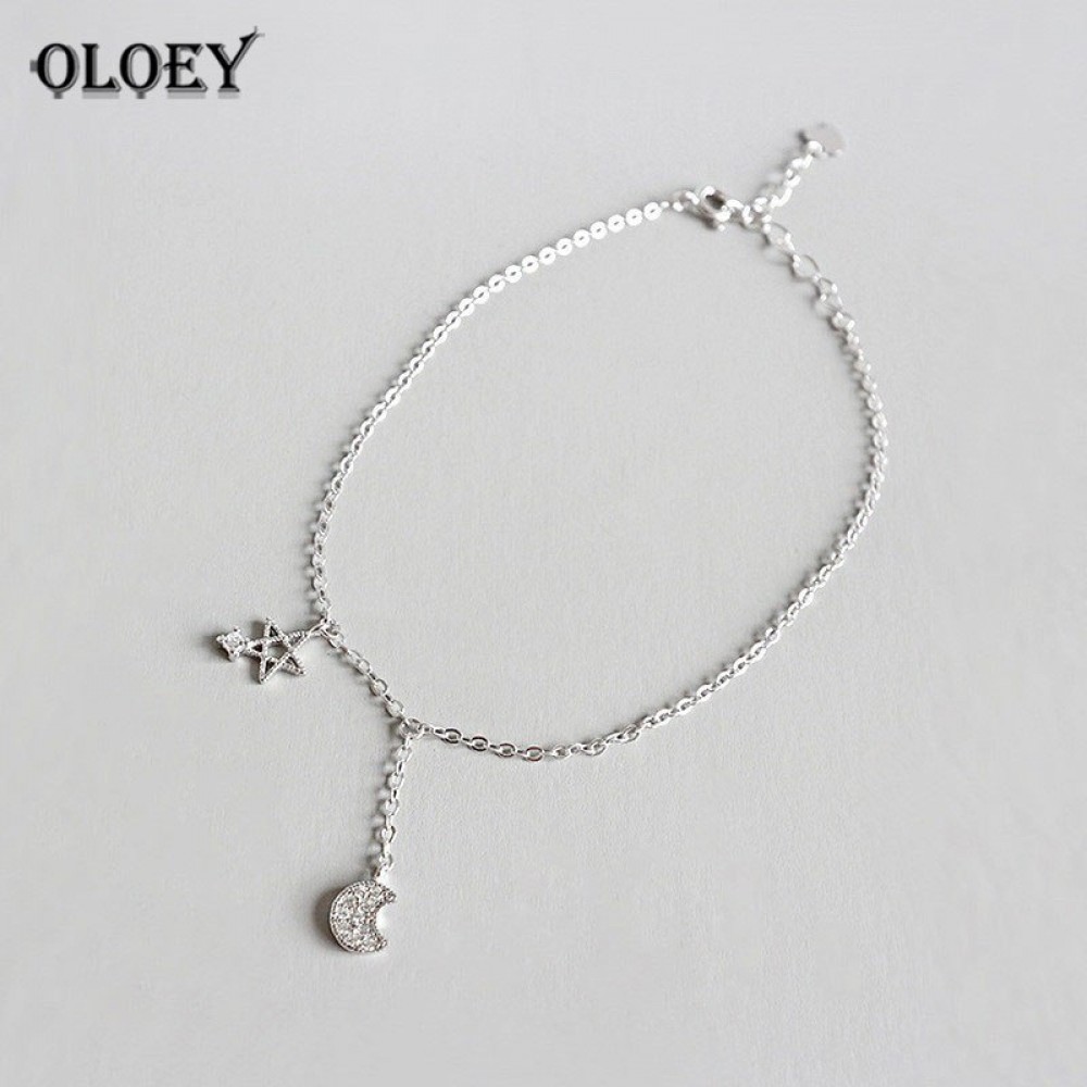 OLOEY 100% Real 925 Sterling Silver Anklets High Quality Shiny Zircon Staramp;Moon Anklet Fine Jewelry Gift Drop Shipping YMA020