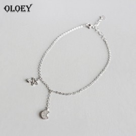OLOEY 100% Real 925 Sterling Silver Anklets High Quality Shiny Zircon Staramp;Moon Anklet Fine Jewelry Gift Drop Shipping YMA020