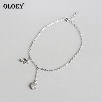 OLOEY 100% Real 925 Sterling Silver Anklets High Quality Shiny Zircon Staramp;Moon Anklet Fine Jewelry Gift Drop Shipping YMA020