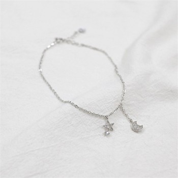OLOEY 100% Real 925 Sterling Silver Anklets High Quality Shiny Zircon Staramp;Moon Anklet Fine Jewelry Gift Drop Shipping YMA020