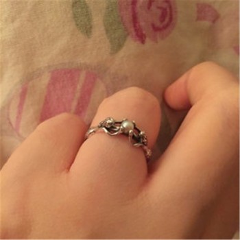 Magnificent Two Mermaids with Pearl Rings Bride Wedding Engagement Jewelry For Women Ladies Antique Silver Color Love Gifts