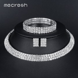 Mecresh Classic Silver Color Crystal Bridal Jewelry Sets African Beads Rhinestone Wedding Necklace Earrings Bracelet Sets 3TL002