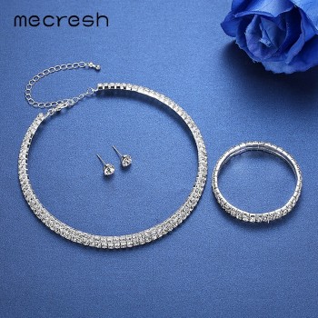 Mecresh Classic Silver Color Crystal Bridal Jewelry Sets African Beads Rhinestone Wedding Necklace Earrings Bracelet Sets 3TL002