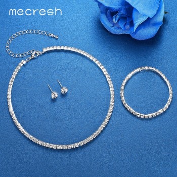 Mecresh Classic Silver Color Crystal Bridal Jewelry Sets African Beads Rhinestone Wedding Necklace Earrings Bracelet Sets 3TL002