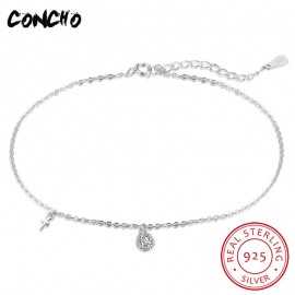 2018 Real Pulseras Tobilleras Tornozeleiras Bijoux Cheville Argent Concho Jewelry 925 Sterling Water Drop Anklets For Women