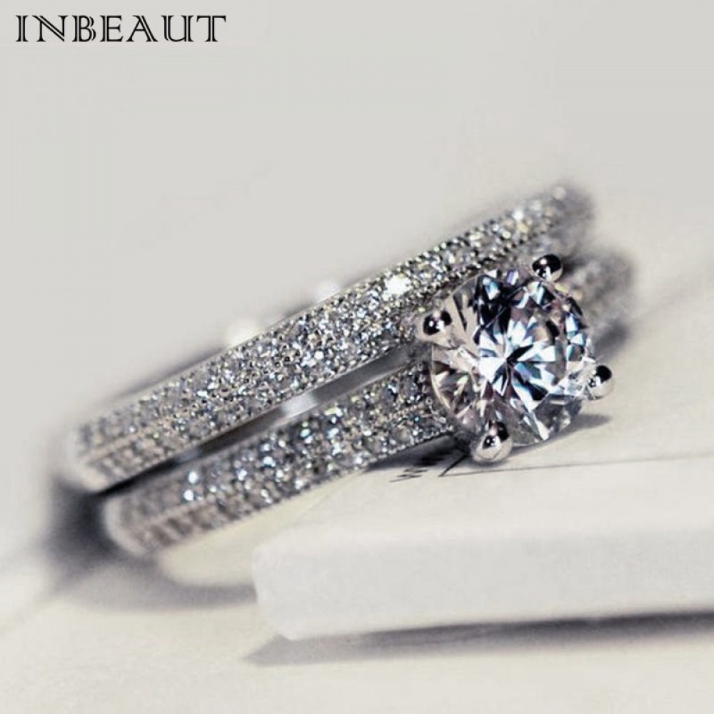 INBEAUT Women Wedding Ring Set Sparkling Perfect Round Cut Zircon Stone Rings Female Party Jewelry 2 Color Silveramp;Rose Gold