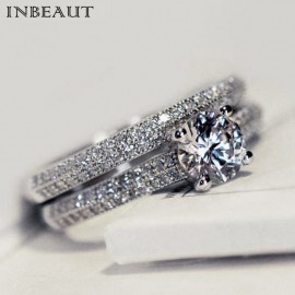 INBEAUT Women Wedding Ring Set Sparkling Perfect Round Cut Zircon Stone Rings Female Party Jewelry 2 Color Silveramp;Rose Gold