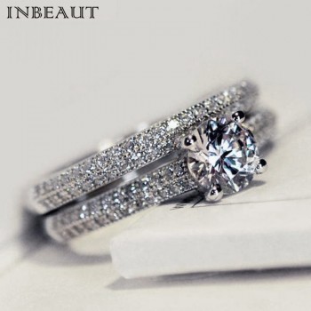 INBEAUT Women Wedding Ring Set Sparkling Perfect Round Cut Zircon Stone Rings Female Party Jewelry 2 Color Silveramp;Rose Gold