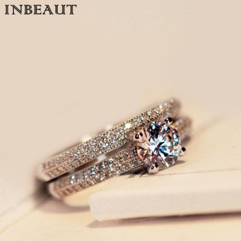 INBEAUT Women Wedding Ring Set Sparkling Perfect Round Cut Zircon Stone Rings Female Party Jewelry 2 Color Silveramp;Rose Gold