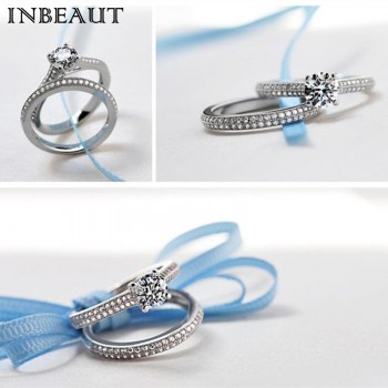 INBEAUT Women Wedding Ring Set Sparkling Perfect Round Cut Zircon Stone Rings Female Party Jewelry 2 Color Silveramp;Rose Gold