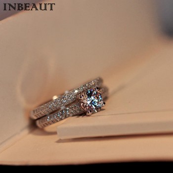 INBEAUT Women Wedding Ring Set Sparkling Perfect Round Cut Zircon Stone Rings Female Party Jewelry 2 Color Silveramp;Rose Gold