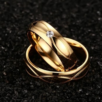 No Fade 6MM Stainless Steel Wedding Ring For Lovers IP Gold Color Zircon Couple Rings Set Men Women Engagement Wedding Ring