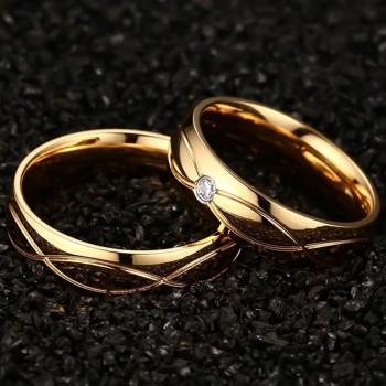No Fade 6MM Stainless Steel Wedding Ring For Lovers IP Gold Color Zircon Couple Rings Set Men Women Engagement Wedding Ring