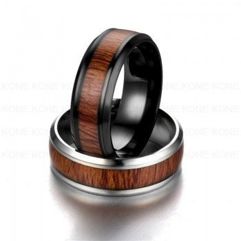 UZone Stainless Steel Wood Grain Promise Ring Inlaid Wood Engagement Couples Ring For Women Men Fashion Lover Jewelry