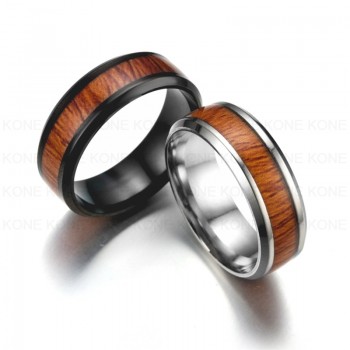 UZone Stainless Steel Wood Grain Promise Ring Inlaid Wood Engagement Couples Ring For Women Men Fashion Lover Jewelry