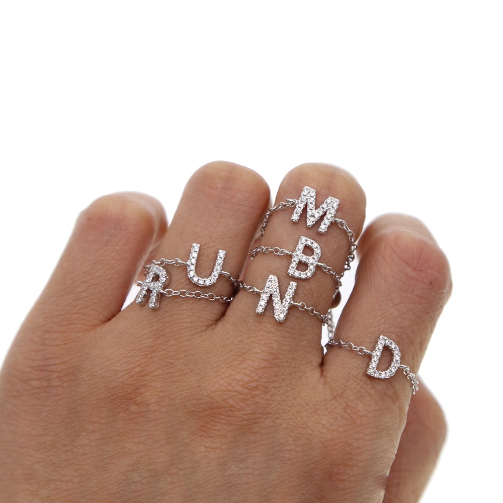 Alphebet charm cute micro pave cz letters top quality link chain meanning 2018 latest design silver gold minimal chain ring