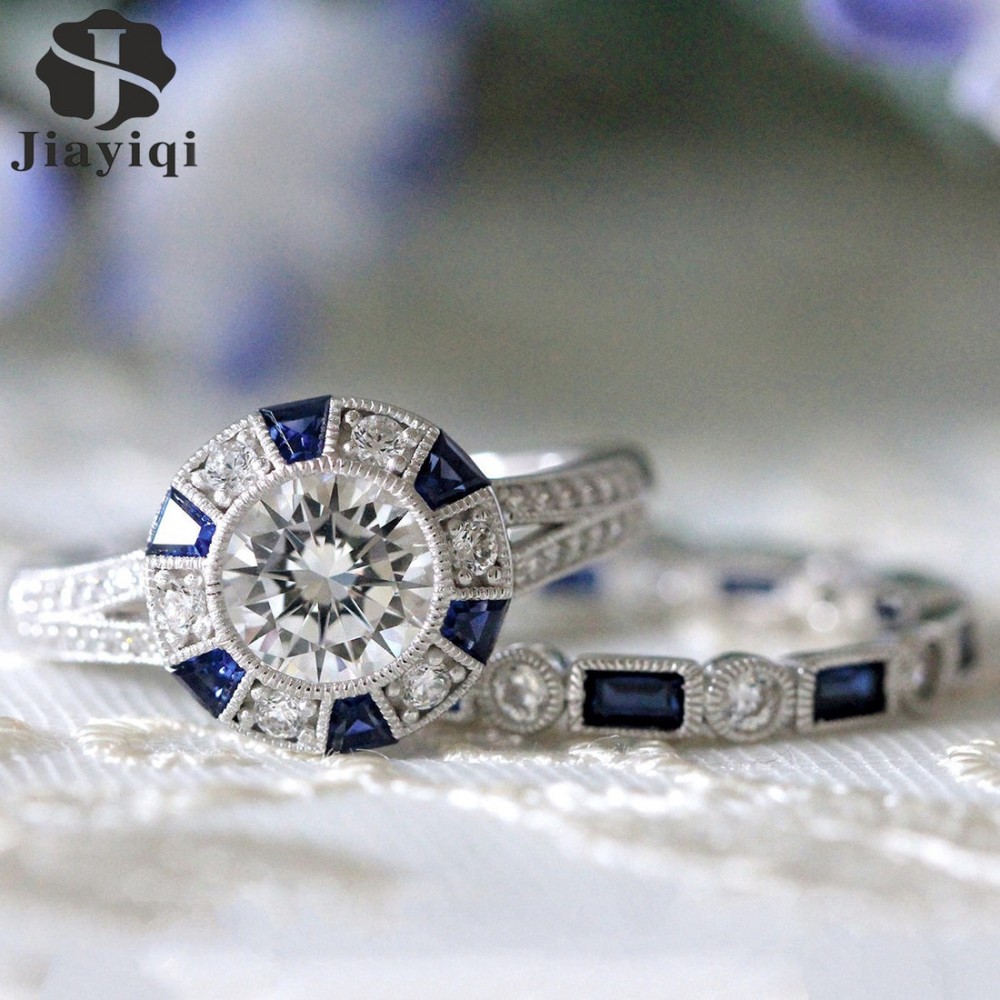 Fashion 2pcs/Set Luxury Blue Wedding Ring For Woman Silver Plating Zircon Ring Jewelry