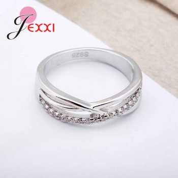 JEXXI 100% Pure S90 Silver Ring Bridal Luxury Letter X Cross CZ Rhinestone Wedding Rings for Women Wedding Party Gifts