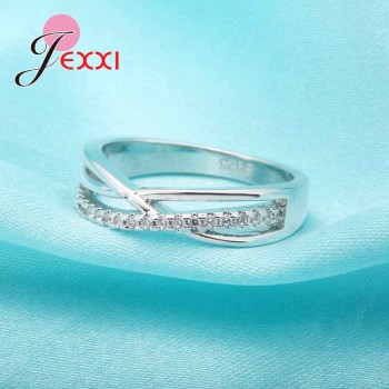 JEXXI 100% Pure S90 Silver Ring Bridal Luxury Letter X Cross CZ Rhinestone Wedding Rings for Women Wedding Party Gifts