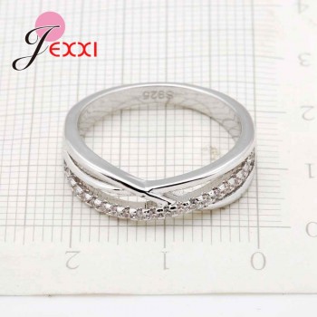 JEXXI 100% Pure S90 Silver Ring Bridal Luxury Letter X Cross CZ Rhinestone Wedding Rings for Women Wedding Party Gifts