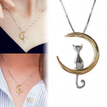 Vintage Moon Lovely Cat Necklaces Pendant Charming Silver Chain Cat On The Moon  Statement Necklace Trendy Animal Pet Jewelry