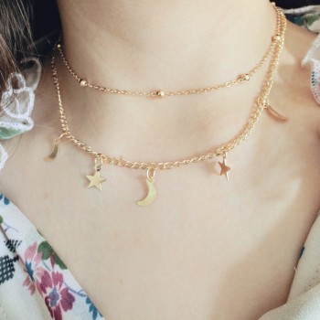 Women Star Moon Pendant Multilayer Necklaces Simple Fashion Beads Dainty Chain Jewelry Accessories Girls Exquisite Sweet Choker
