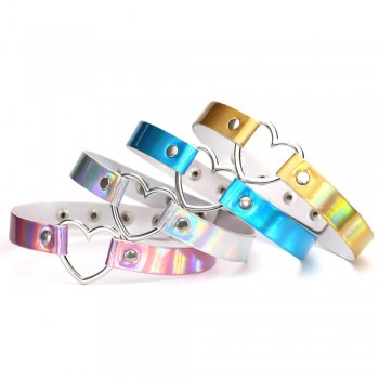 44*1.8cm Adjustable  Laser Light PU Leather Choker Necklace metal Heart and circle shape Pendant Charm  For Punk Collar Chocker