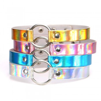 44*1.8cm Adjustable  Laser Light PU Leather Choker Necklace metal Heart and circle shape Pendant Charm  For Punk Collar Chocker