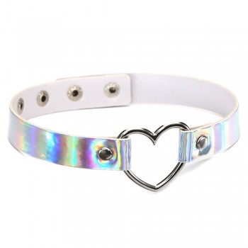 44*1.8cm Adjustable  Laser Light PU Leather Choker Necklace metal Heart and circle shape Pendant Charm  For Punk Collar Chocker