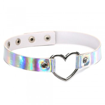 44*1.8cm Adjustable  Laser Light PU Leather Choker Necklace metal Heart and circle shape Pendant Charm  For Punk Collar Chocker