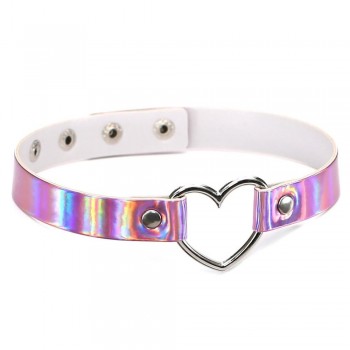 44*1.8cm Adjustable  Laser Light PU Leather Choker Necklace metal Heart and circle shape Pendant Charm  For Punk Collar Chocker