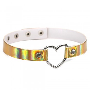 44*1.8cm Adjustable  Laser Light PU Leather Choker Necklace metal Heart and circle shape Pendant Charm  For Punk Collar Chocker