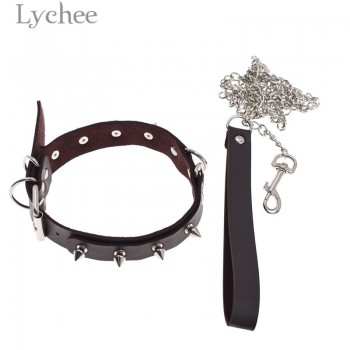 Lychee Punk PU Leather Rivet Choker Collar With Leash Chain Women Torques Choker Necklace Silver Color Female Necklace Jewelry