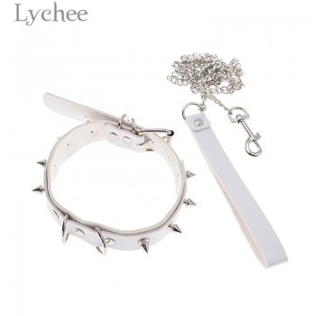 Lychee Punk PU Leather Rivet Choker Collar With Leash Chain Women Torques Choker Necklace Silver Color Female Necklace Jewelry
