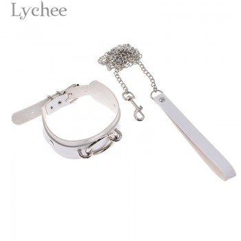 Lychee Punk PU Leather Rivet Choker Collar With Leash Chain Women Torques Choker Necklace Silver Color Female Necklace Jewelry