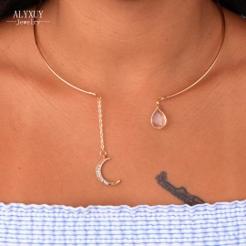 New fashion jewelry stone moon with crystal torques necklace gift for women girl N2057
