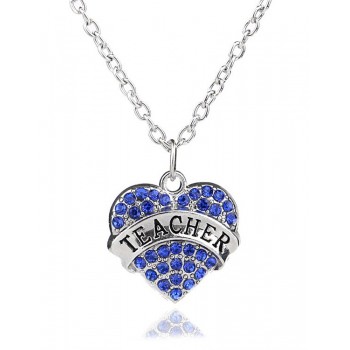 Women Lady Clear Blue Pink Crystal Heart Lettering Words Engraved Teacher Pendant Necklace Jewelry Christmas Teachers Day Gift