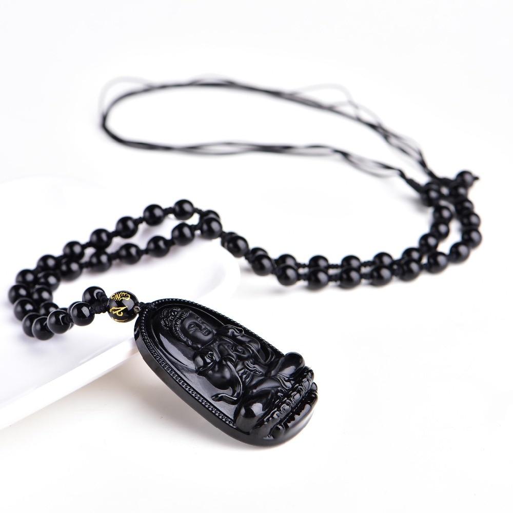 Natural Black Obsidian Stone Carved Buddha Patron Saint Lucky Amulet Pendant Necklace For Women Men Pendants Jewelry