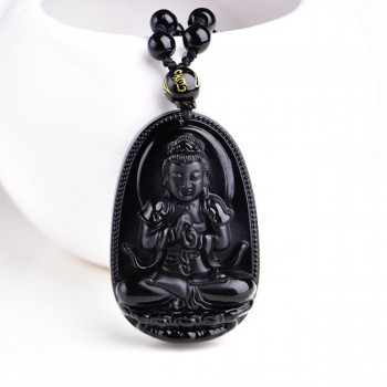 Natural Black Obsidian Stone Carved Buddha Patron Saint Lucky Amulet Pendant Necklace For Women Men Pendants Jewelry