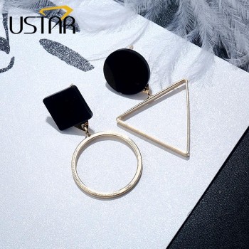USTAR Geometric Asymmetric Drop Earrings for Women Triangle Square Black Earrings female 2018 Fashion Jewelry hanging Oorbellen