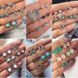 Vintage Geometric Stud Earrings Set For Women Girls 2018 Fashion Bead Stone Flower Small Earrings Boucle doreille Femme Gifts