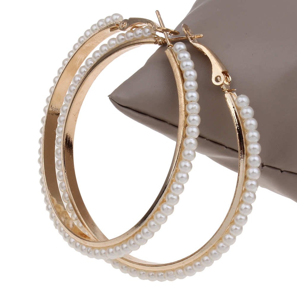 55mm 1 Pair Big Round Loop Circle Gold-color Hoop Earring Punk Rock Wedding Designs Imitation Pearl Beaded Round Hoop Earrings